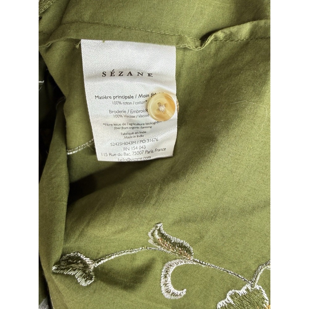 Sezane Coline Embroidered Flowers On Khaki Green Background Blouse Size 36 US 4 - Picture 6 of 9